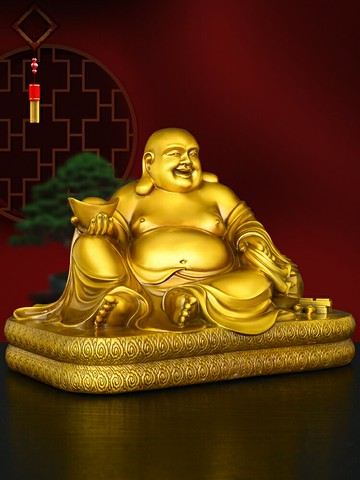 招財擺件送禮禮品 全黃銅臥佛擺件大肚彌勒佛銅像托元寶笑佛臥佛客廳玄關裝飾工藝品