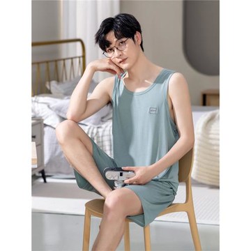 睡衣男士夏季背心莫代爾無袖青年純色家居服夏天冰絲涼感大碼套裝