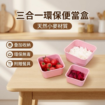 【台灣現貨】三合一便當盒 小麥秸稈環保飯盒 分隔餐盒附餐具 微波便當盒 環保便當盒