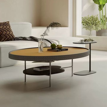 免運/開立發票 新款輕奢馬鞍皮橢圓茶幾小戶型客廳家用設計師藝術高級感大小組合 快速出貨