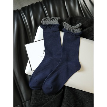 【【24小時-臺中出貨】】2025高級感丈藍色係複古花朵可堆堆秋冬款中筒女襪