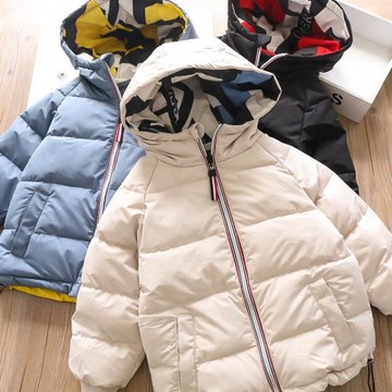 秋冬新款男女童百搭連帽字母拼色花紋兩面穿童羽絨服外套