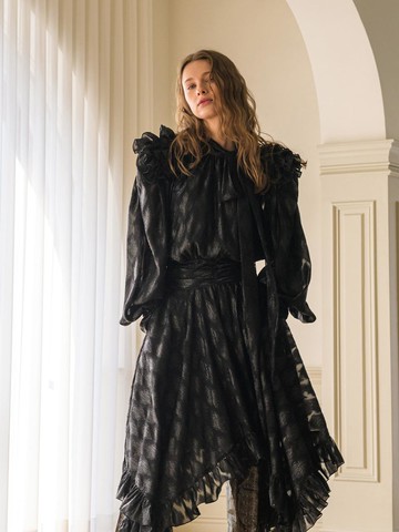 Ruffle Detail Bowtie Asymmetric Long dress