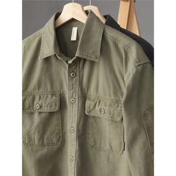 美式復古重磅工裝襯衫男軍裝硬漢軍綠色寬松休閑翻領長袖襯衣外套