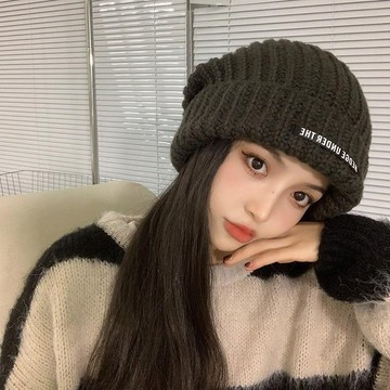 隔日到🥇大頭圍加絨毛綫帽子女 冬新款日係保暖護耳冷帽堆堆帽顯臉小針織帽 保暖針織毛線帽尖尖帽韓版針織毛帽素色堆堆包頭帽