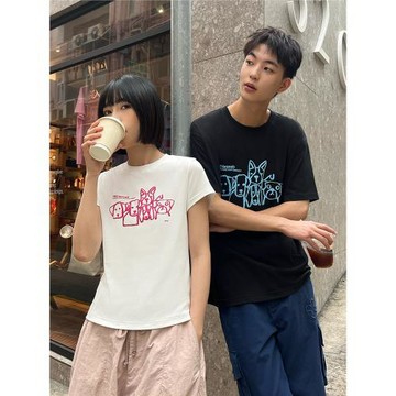 PSO Brand男女裝純棉面料發泡款涂鴉小狗微彈白色短袖T恤情侶裝