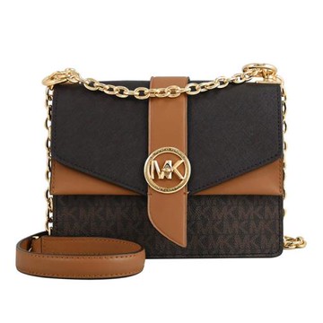 MICHAEL KORS Greenwich 轉釦印花皮革鍊帶斜背包.深咖