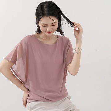 Yukié - 氣質雪紡透膚荷葉袖上衣-藕紫