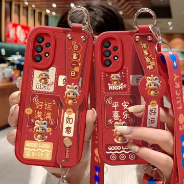 適用三星A55手機殼防摔Galaxy A54紅色小羊皮保護套蓋樂世A53祝福文字A52 5G可斜挎腕帶背帶掛繩蛇年好運新款