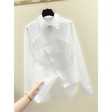 清倉撿漏~專柜撤回外貿春秋釘珠蕾絲重工不規則長袖襯衫上衣女潮