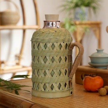 竹編熱水壺家用復古暖水壺玻璃內膽老式鏤空熱水瓶茶室竹編暖壺