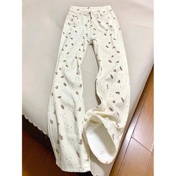 小熊印花白色闊腿牛仔褲女2025年秋季新款大碼胖mm顯瘦直筒拖地褲