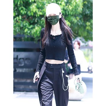 baby楊穎明星同款短款上衣打底衫黑色系帶修身顯瘦長袖T恤女春秋