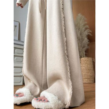 燕麥色流蘇垂感針織糯米褲女春季小個子寬松慵懶高級感闊腿休閑褲