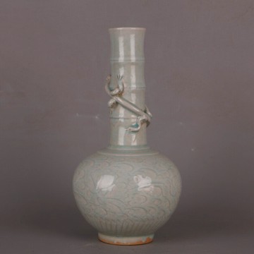 宋 湖田窯盤龍竹節蒜頭瓶 仿古瓷器老窯口舊貨全手工制作收藏擺件