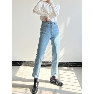 高腰法式復古無彈力小直筒牛仔褲女春秋寬松顯瘦淺藍色九分煙管褲