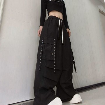 現款免運 工裝褲 工作褲 休閒長褲 美式工裝褲男女春秋hiphop高街設計口袋拖地休閒褲褲子跳舞出片潮N1