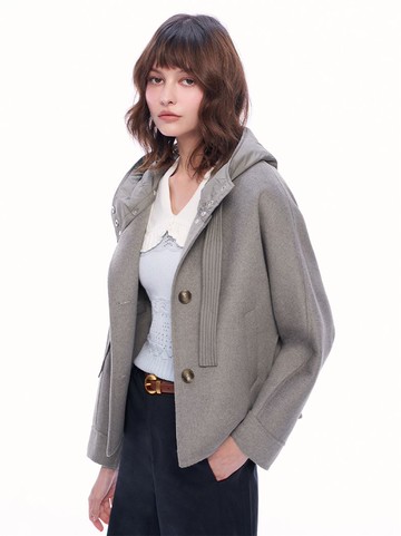 時髦鋪棉連帽雙面羊毛大衣