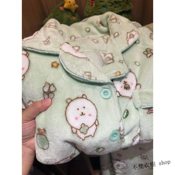 【自嘲熊綠色長袖套裝】法蘭絨睡衣 冬天睡衣 珊瑚絨睡衣 女保暖 法蘭絨加厚保暖睡衣女 秋冬季可愛 長袖套裝 卡通家居服