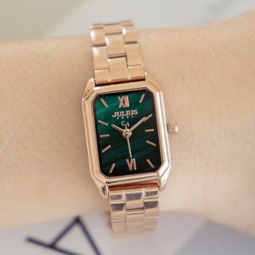 正韓JULIUS絢麗時刻簡約摩登方形金屬鍊帶手錶【WJA1320】-綠面玫金帶