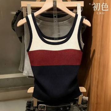 初色 韓系復古撞色吊帶背心修身百搭圓領無袖冰絲上衣背心女背心-多色條紋-50055(F可選)