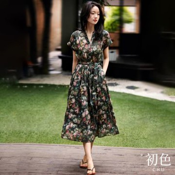 初色 氣質碎花印花寬鬆V領短袖收腰連身裙長裙連衣洋裝-花色-14445(M-2XL可選)