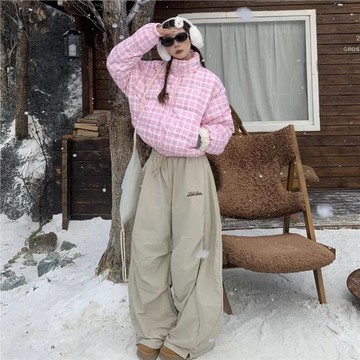 呆呆文美式格子立領短款棉服女冬季爆款保暖面包服加厚外套上衣潮