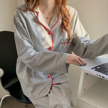 春秋季韓版ins簡約條紋睡衣 女生長袖長褲套裝 開衫居家服 薄款家居服套裝 睡衣睡褲 寬鬆舒適睡衣 兩件套休閒服