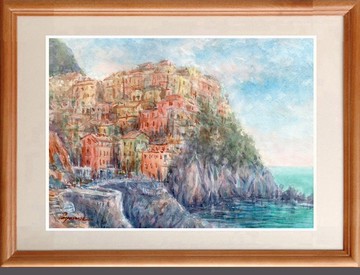 原創水彩畫：義大利馬納羅拉城