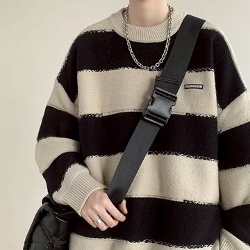 針織衫男 男生上衣  毛衣長袖T裇 韓版簡約條紋百搭INS新款潮流圓領套頭針織毛衣 垂感寬鬆校園慵懶風【MLM】