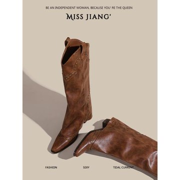 復古鉚釘高筒褲管靴法式女靴子百搭西部牛仔靴騎士靴小個子長筒靴