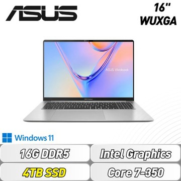 ASUS 華碩 Vivobook S16 S5652MA-0062S350 16吋效能特仕筆電(Core 7 350/16G/4TB SSD/FHD/W11)