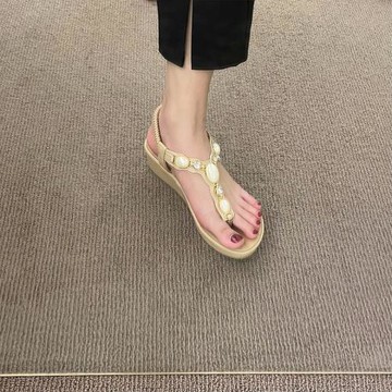 超軟小羊皮~鑲鉆女款松高涼鞋女夏外穿波西米亞風夾趾人字平底鞋