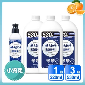 日本LION 小資4入組 Charmy Magica除菌+系列洗碗精_清新柑橘香 (220ml*1 + 530ml*3)