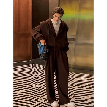 (免運)咖啡色衛衣男痞帥高級感套裝美拉德穿搭輕熟風韓系慵懶風春天外套