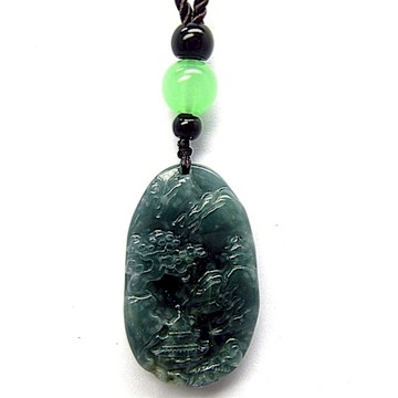 湖水藍富貴山水牌 天然A貨翡翠玉石吊墜子項鍊H61