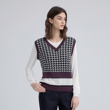 ILEY伊蕾 撞色千鳥格紋假兩件針織上衣(深紫；M-XL)