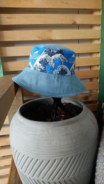 吱吱札札/雙面漁夫帽/浮世繪/富士山海浪/神奈川海浪拼接款(藍)