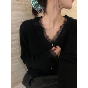 黑色打底衫女秋冬別致絕美針織衫設計感蕾絲v領開衫內搭毛衣短款