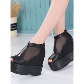 2024夏季新款韓版女鞋透氣網紗魚嘴涼鞋內增高坡超高跟厚底松糕鞋