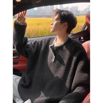秋冬季寬鬆慵懶風百搭套頭上衣男韓版潮流圓領針織衫男