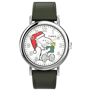TIMEX x Peanuts Weekender 40 毫米 史努比歡慶聖誕 皮革腕錶(綠 TXTW2Y12400)