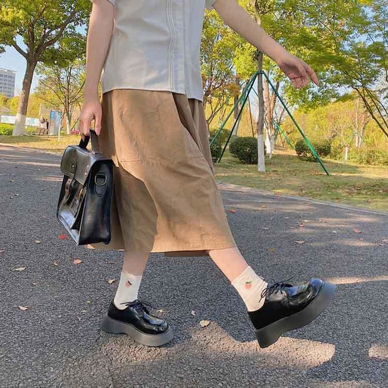 厚底 ローファー ブラック エナメル スムース 紐靴 厚底レース