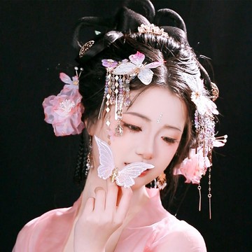 古風發飾唐風粉色燙花絹紗花朵發夾蝴蝶流蘇發簪對夾套裝漢服頭飾 z8093