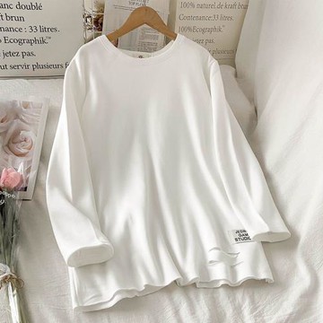 秋冬加絨寬松長袖破洞白色t恤