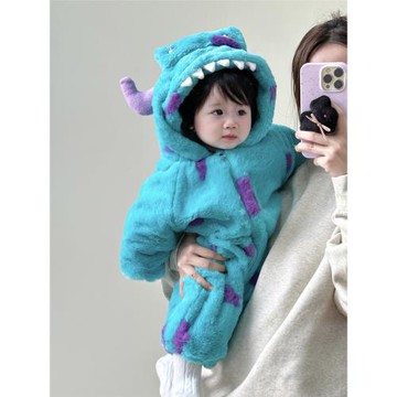 嬰兒小怪獸毛絨連體衣冬季夾棉加厚棉服男女寶寶可愛加絨爬服外出