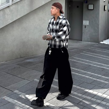 AMERO 男女同款 長袖格紋衫 漸層 磨毛 口袋 寬短版型