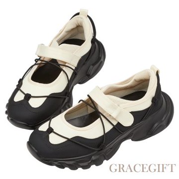 【Grace Gift】韓系學院繫繩魔鬼氈輕量芭蕾運動鞋 黑x杏