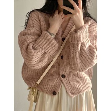 東莞大朗毛衣開衫女春秋加厚韓系寬松慵懶風高智感麻花針織衫外套