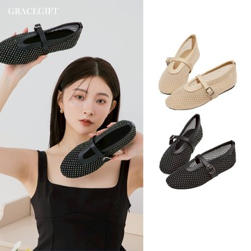 【Grace Gift】瑪莉珍 漁網鞋 平底鞋【夢幻細鑽編織網面平底瑪莉珍鞋】2色 包鞋 瑪麗珍 編織鞋